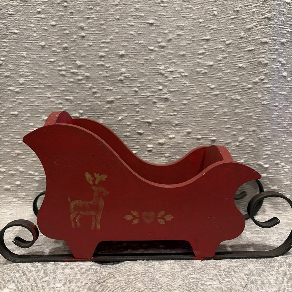 Vintage Red Wood Santa's Sleigh Christmas Decor Hand Painted Metal Runners‎ 80s